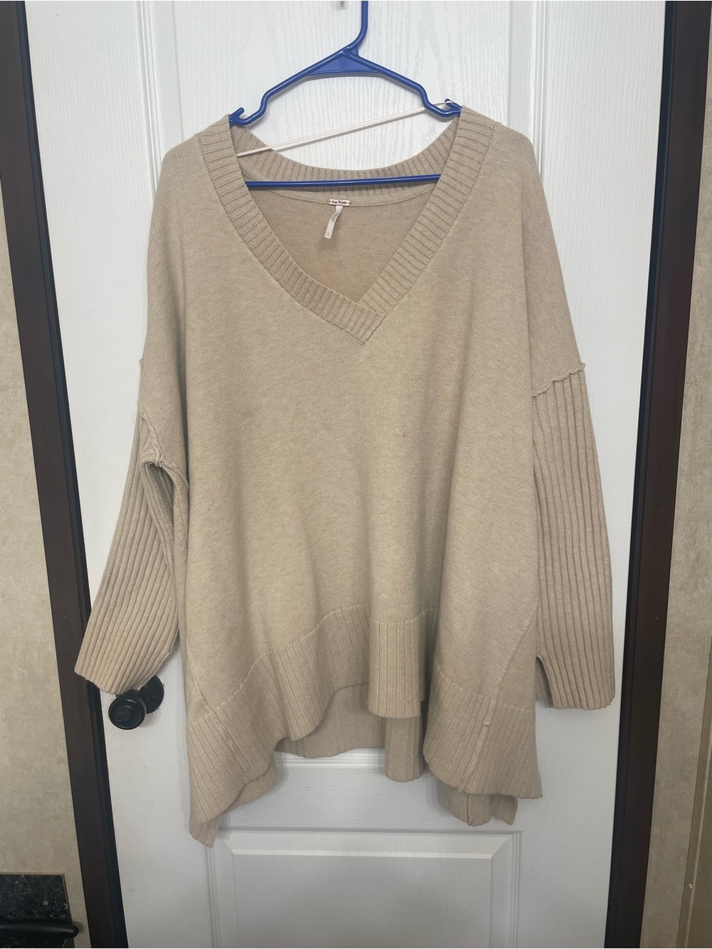Free People Taupe V-Neck Oversized Knit Sweater